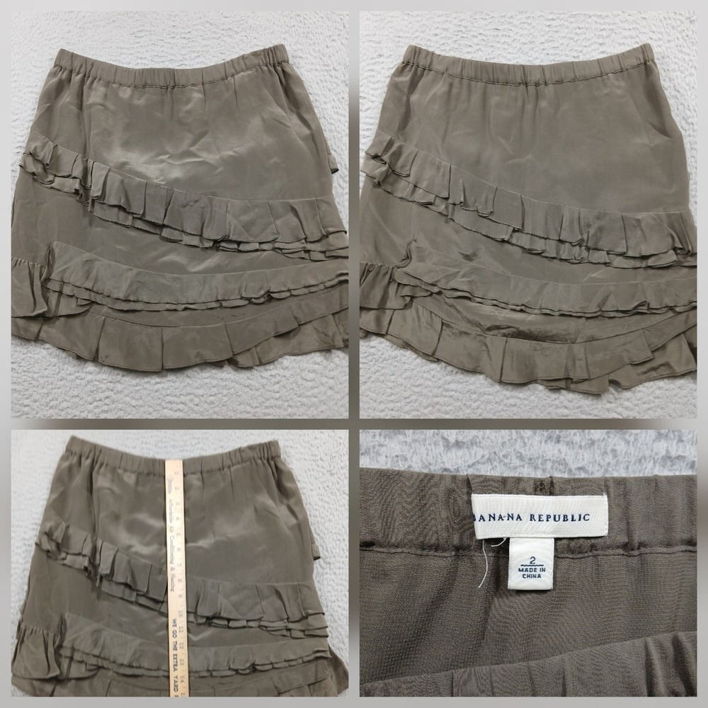 Banana Republic Silk Tiered Ruffle Mini Skirt Womens 2 Olive Brown Khaki EUC - Picture 2 of 8